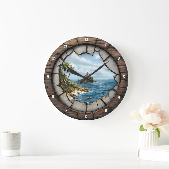 Nautical Window Island Escape Rustic Coastal Stor Klocka (Hem)