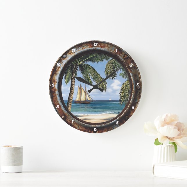 Nautical Window Rustic Tropical Sailboat Stor Klocka (Hem)