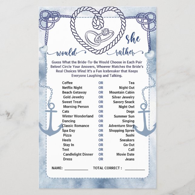 Nautical Would She Rather Game Bridal Shower card Flygblad (Framsidan)