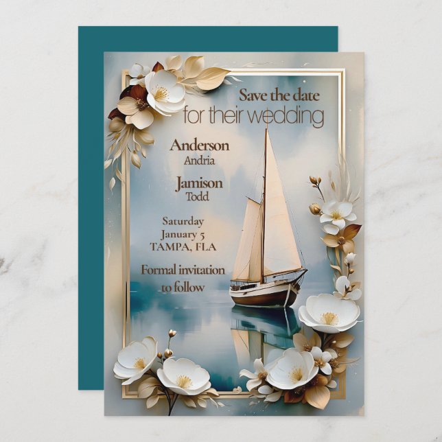 Nautical yacht frakt bröllop spara datumet (Fram/baksida)