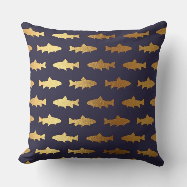 Nautical Yacht Klubb Blue Navy Golden Fish Shark Kudde (Framsida)