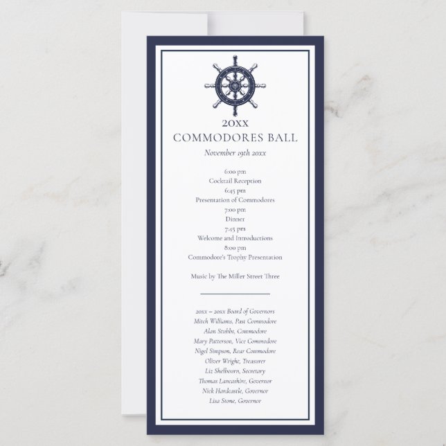 Nautical Yacht Klubb Navy Blue Menu Program (Framsida)