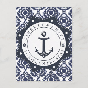 Nautico y motivo damasco azul y blanco vykort