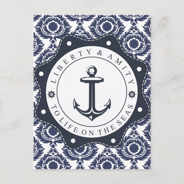 Nautico y motivo damasco azul y blanco vykort (Framsida)