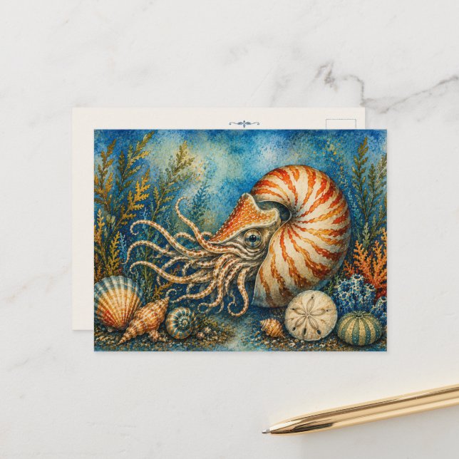 Nautilus Hav Vattenfärg Inspirerad Postkort Vykort (Fram/Back In Situ)