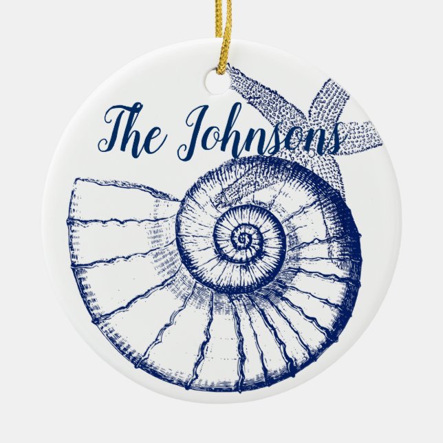 Nautilus Seashell & Starfish Marine Life Anpassnin Julgransprydnad Keramik (Framsidan)
