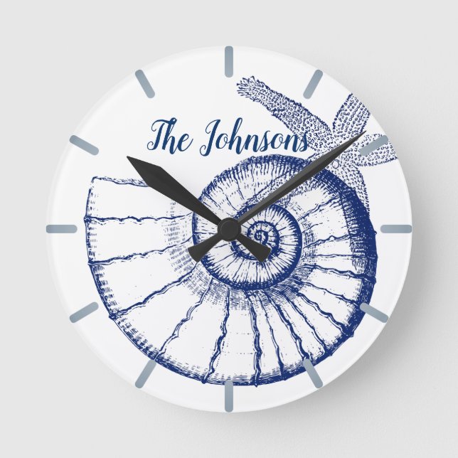 Nautilus Seashell & Starfish Marine Life Anpassnin Rund Klocka (Framsida)