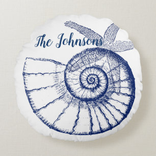 Nautilus Seashell & Starfish Marine Life Anpassnin Rund Kudde