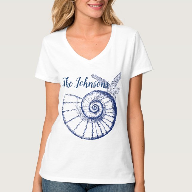 Nautilus Seashell & Starfish Marine Life Anpassnin T Shirt (Framsida)