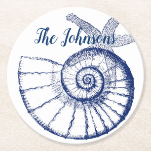 Nautilus Seashell & Starfish Marine Life Anpassnin Underlägg Papper Rund