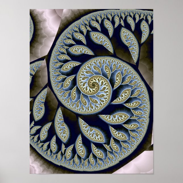 Nautilus-skal Guld Filigran Fraktal Spiral Konst Poster (Framsidan)