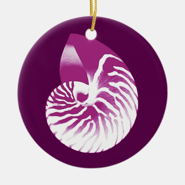 Nautilus snäcka - äggplants lila och vit julgransprydnad keramik (Framsidan)