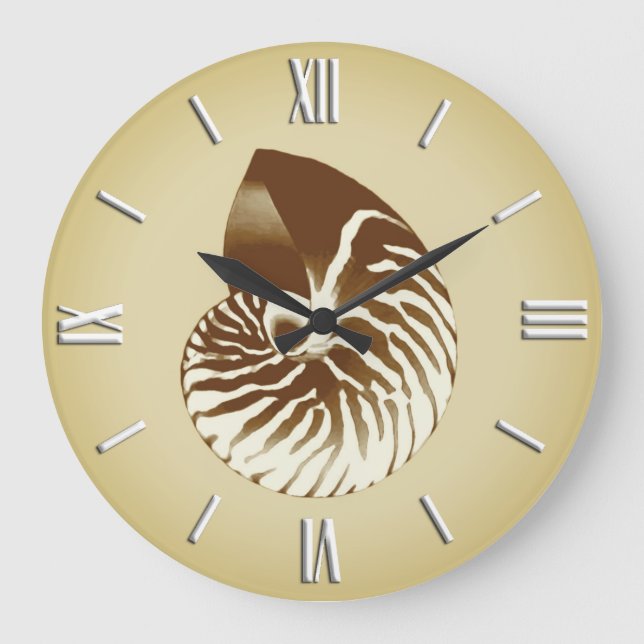 Nautilus snäcka - brun, vit och beige stor klocka (Framsida)