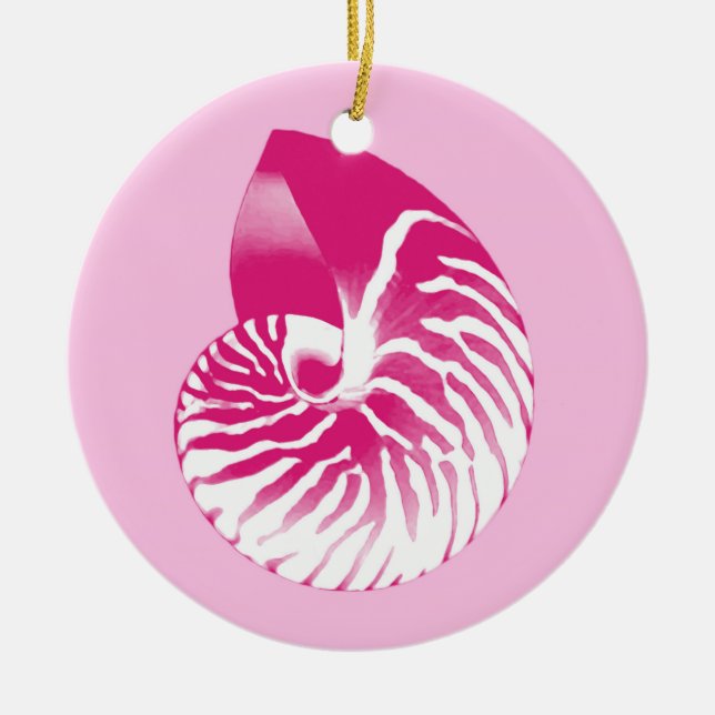 Nautilus snäcka - fuchsia rosa och vit julgransprydnad keramik (Framsidan)