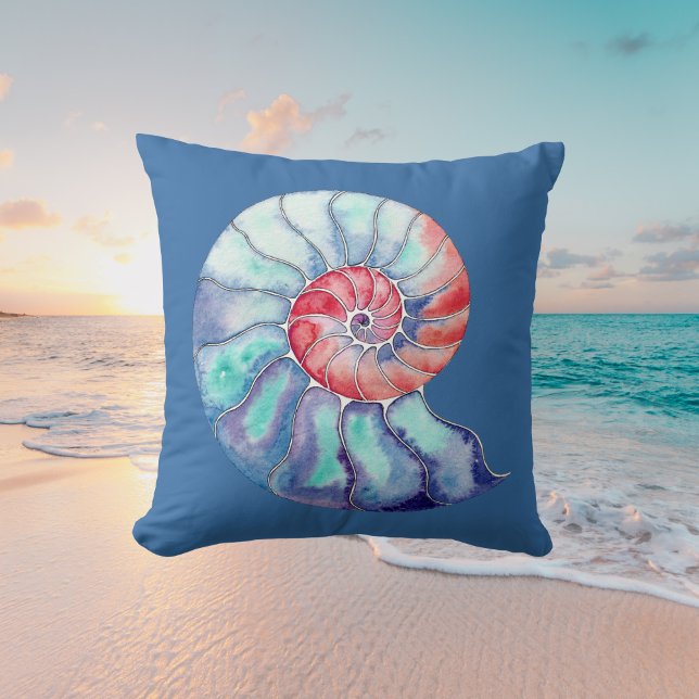 Nautilus Snäcka i Coral Blue och Grått på Blue Kudde (Skapare uppladdad)