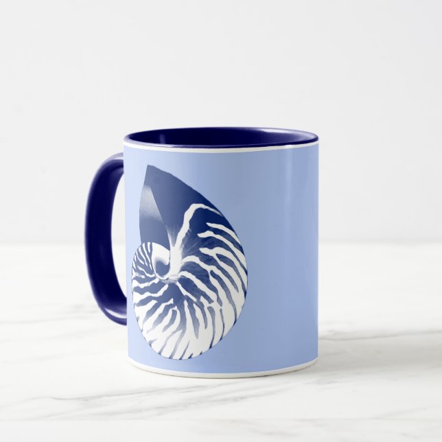 Nautilus snäcka - marin, vit och ljusblå mugg (Framsida vänster)