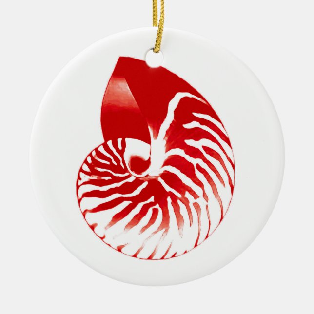 Nautilus snäcka - mörk röd och vit julgransprydnad keramik (Framsidan)