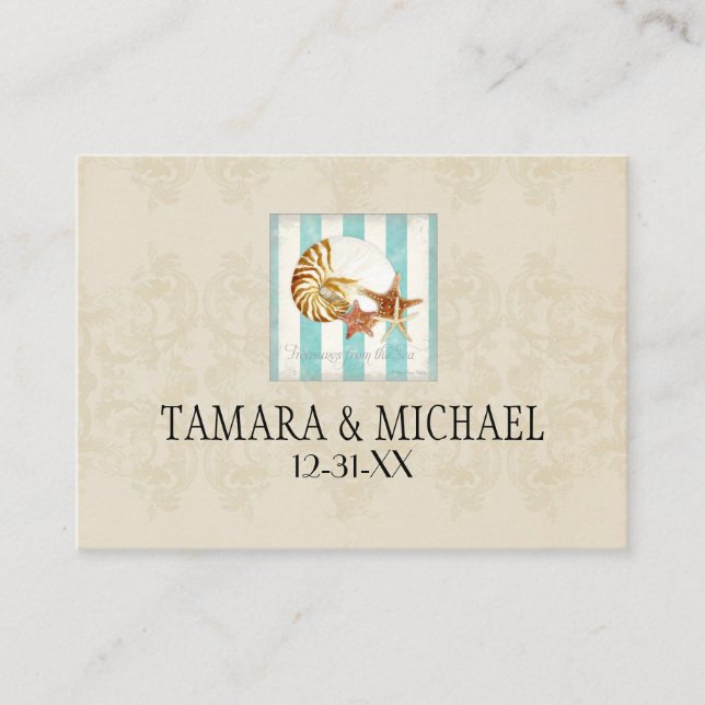 Nautilus Snäcka Ocean Stripe Mönster Damask Beach Placeringskort (Framsida)