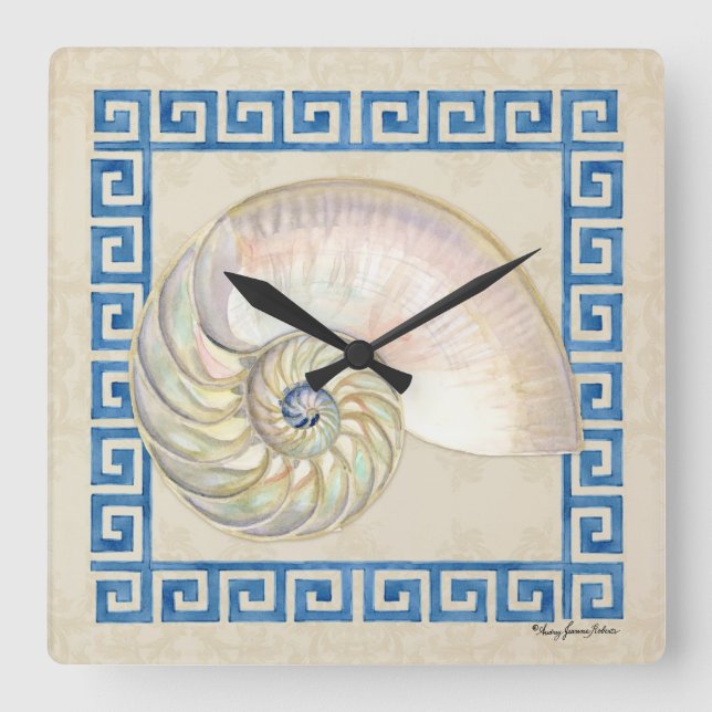 Nautilus Snäcka Watercolor Greece Nyckel Damask Be Fyrkantig Klocka (Framsida)
