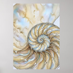 Nautilus Snigelvattenfärg Gylden Spiral Hav Konst Poster