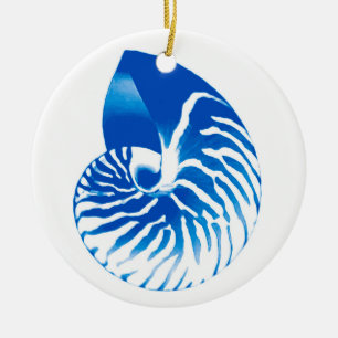 Nautilussnäcka - koboltblått och vit julgransprydnad keramik