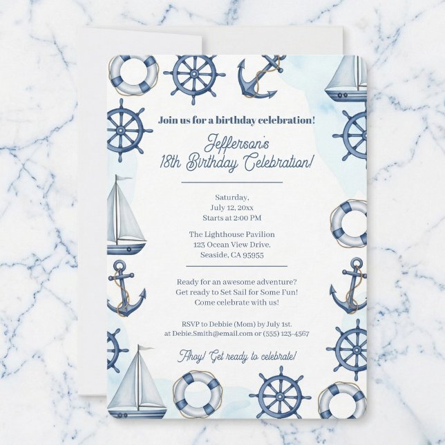Nautisk Akterhjul Ankare Kant i Vattenfärg Inbjudningar (Anchor your special date.)