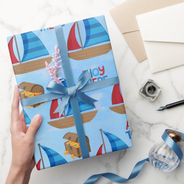 Nautisk akvarell båt Piratskatt Blå Presentpapper (Gifting)