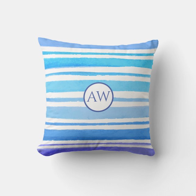Nautisk akvarell Hav Blå Randig Monogram Kudde (Framsida)