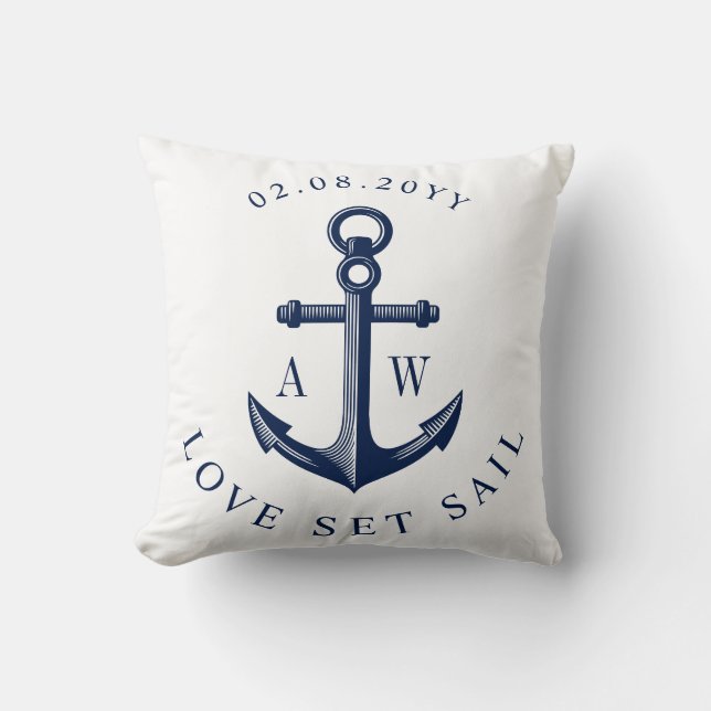 Nautisk anchor Anpassningsbar Monogram vit Kudde (Framsida)