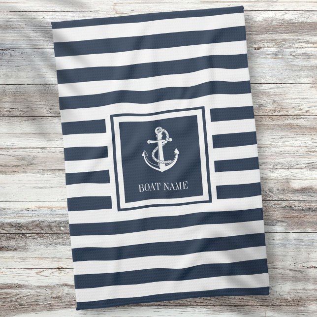 Nautisk anchor Boat Namn Kökshandduk (Navy Blue Striped Nautical Anchor Boat Name Kitchen Towel)