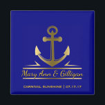 Nautisk anchor Cruise Frakt Wedding Favor Navy Magnet<br><div class="desc">Anpassningsbar, nautisk ankarpunkt för blåbröllop mellan magnet och Faux metallic guld ankor logotyp är centrerad med personlig namn av ny gifta par i guld färg-skript med en skugga. Vid grund ligger namn om frakten och datumet för kryssningen. På en fast marin blå bakgrund, som kan bytas ut mot färg eller...</div>