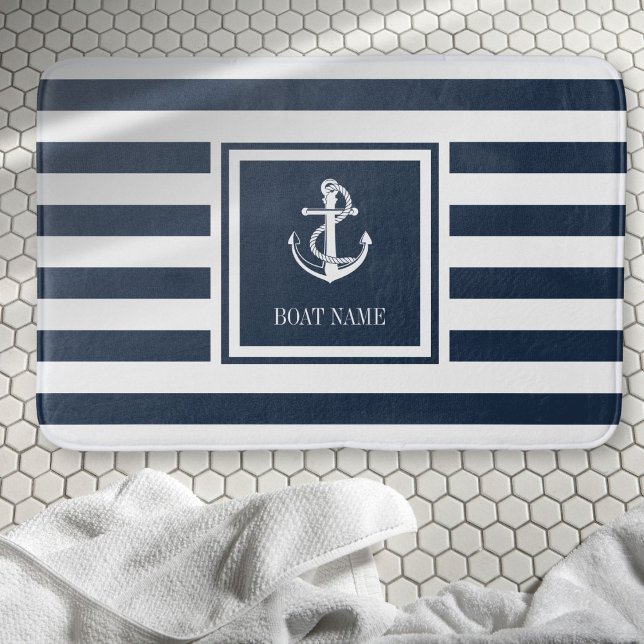 Nautisk anchor för marinblått Rand vid Namn Badrumsmatta (Navy Blue Stripe Boat Name Nautical Anchor Bath Mat)