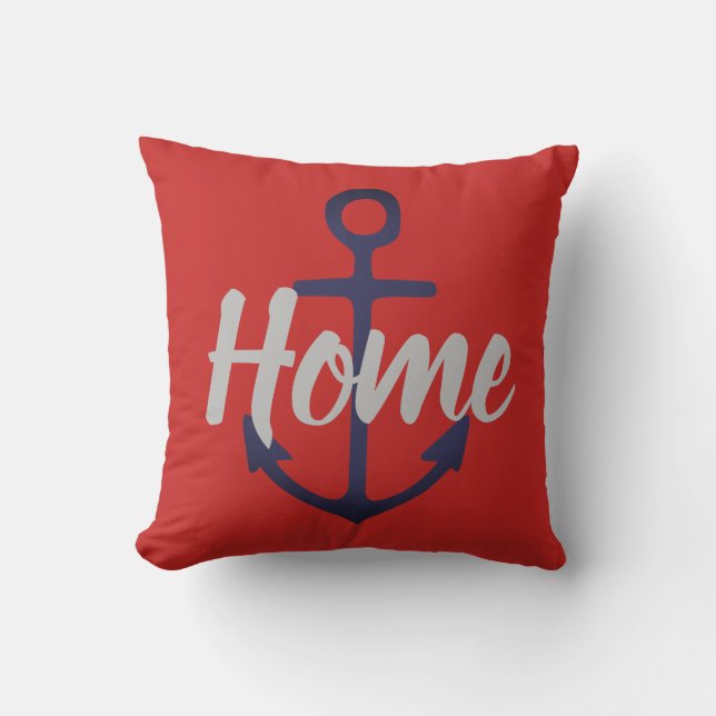 nautisk ANCHOR + grått HOME-typ på rött Kudde (Framsida)