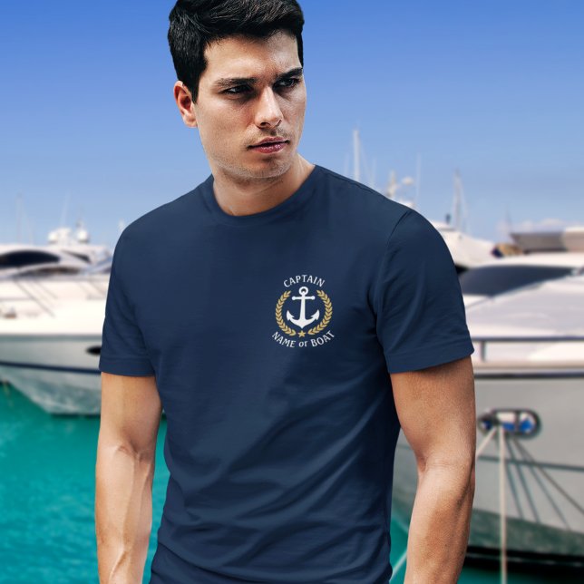 Nautisk anchor kapten Boat Namn Guld Laurel-flotta T Shirt (Several shirt styles and colors to choose from)