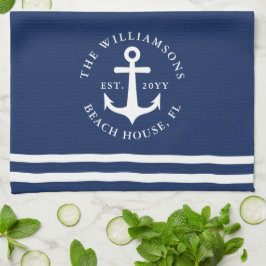 Nautisk anchor Light Navy Blue White Monogrammed Kökshandduk