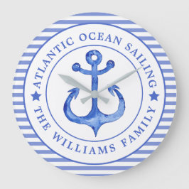 Nautisk anchor Navy Blue Stripe-Personlig Stor Klocka