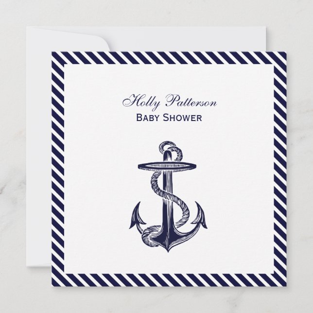 Nautisk anchor Navy Diag Rand 2 SQ Baby Shower Inbjudningar (Framsida)