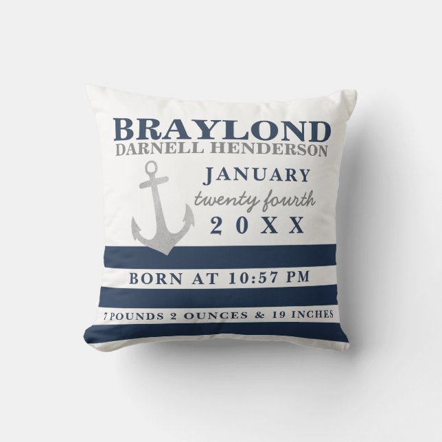 Nautisk anchor Nursery Birth Stats Pillow Kudde (Framsida)