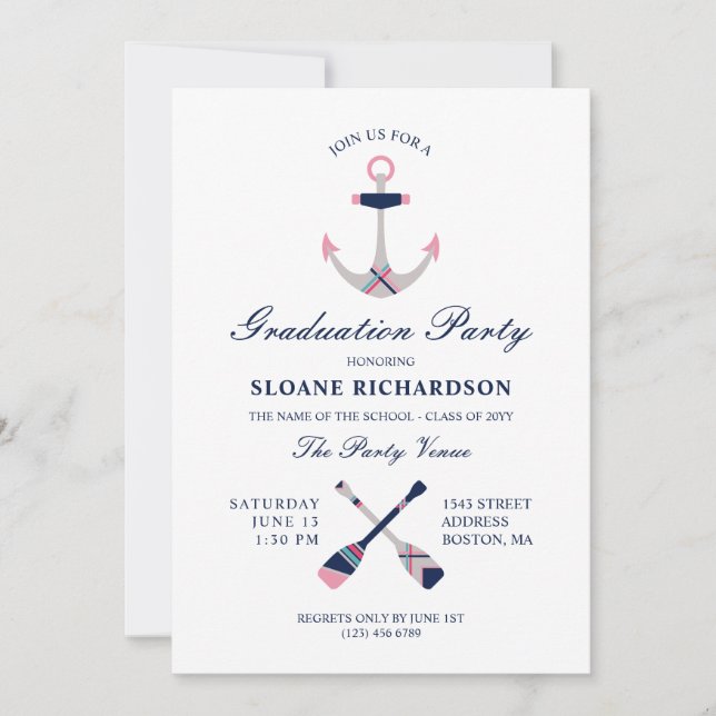Nautisk anchor & Oars Navy Rosa Studentfest Inbjudningar (Framsida)