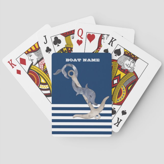 Nautisk, Ankar Delfin Marinblå Randig Casinokort (Baksidan)