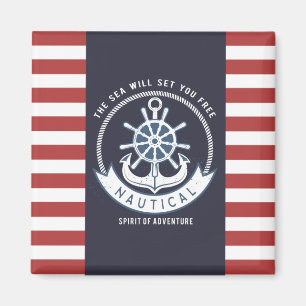 Nautisk Ankar, Hjul, Marinblå, Röda Ränder Magnet