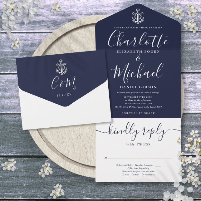 Nautisk Ankar Navyblå Och Vit Bröllopsskrift (Nautical Anchor Navy Blue And White Script Wedding All In One Invitation)