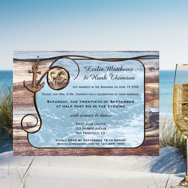 Nautisk ankar-post eller efter bröllopsinbjudan inbjudningar (After wedding invitation featuring an ocean framed by rustic wood, an anchor and rope knot)
