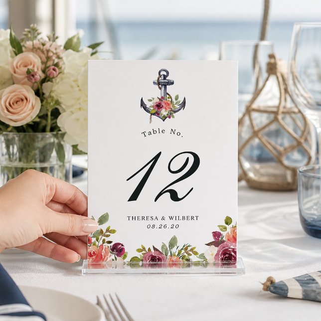 Nautisk Ankare Akvarell Blommig Bröllop Bordsnummer (Skapare uppladdad)