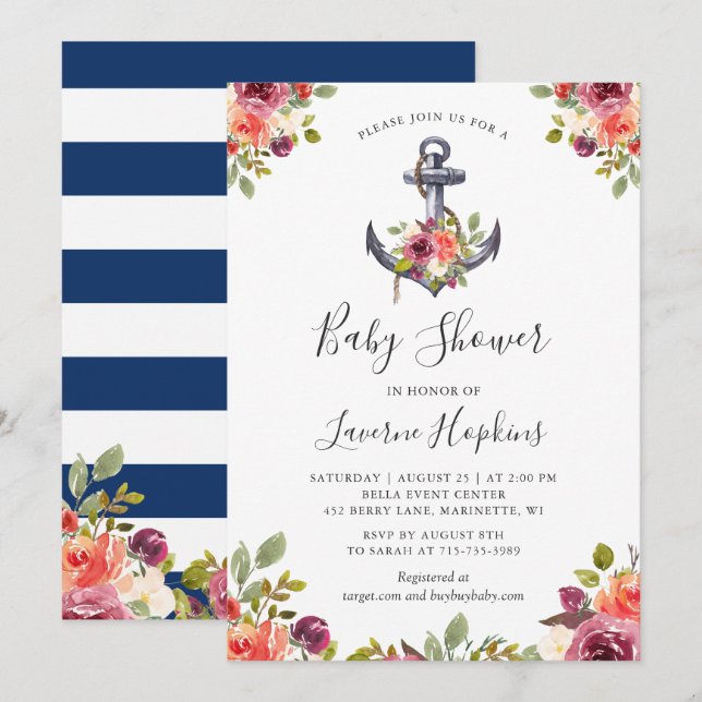 Nautisk Ankare Blommig Baby Shower Inbjudan (Fram/baksida)