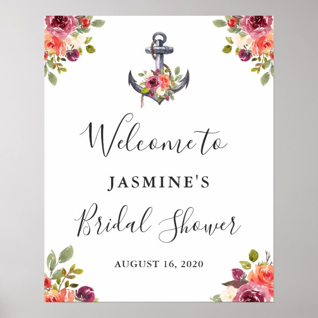 Nautisk Ankare Blommig Bröllopsfest Välkomstskylt Poster (Framsidan)
