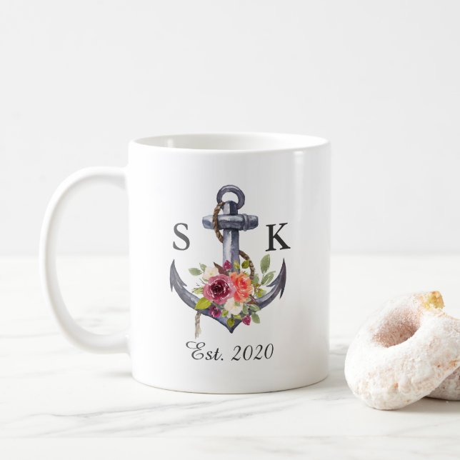 Nautisk Ankare Blommig Bröllopskaffemugg Kaffemugg (Med munk)