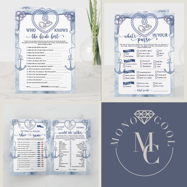 Nautisk Ankare Bröllopsdusch, Aktiviteter 4 Spel Inbjudan (Nautical Anchor Bridal Shower, Wedding 4 Games activities beach theme destination fun play marine)