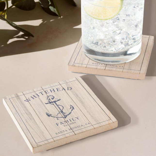 Nautisk Ankare Familj Monogram Stenunderlägg (Stone Coaster with Rustic Wood Design adorned with a Nautical Anchor and Monogram)