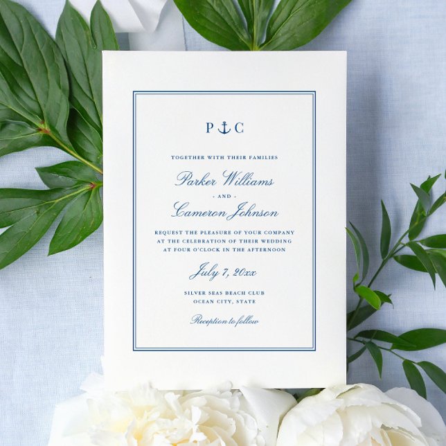 Nautisk Ankare Monogram Marinblå Bröllop Inbjudningar (This elegant anchor monogram wedding invitation matches the Coastal Map Designs Save the dates)